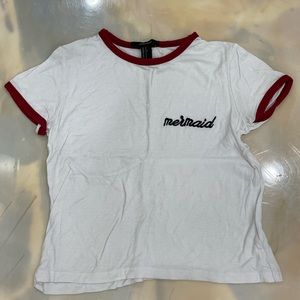 Forever 21 white T-Shirt with burgundy outlines and "mermaid" embroidered.